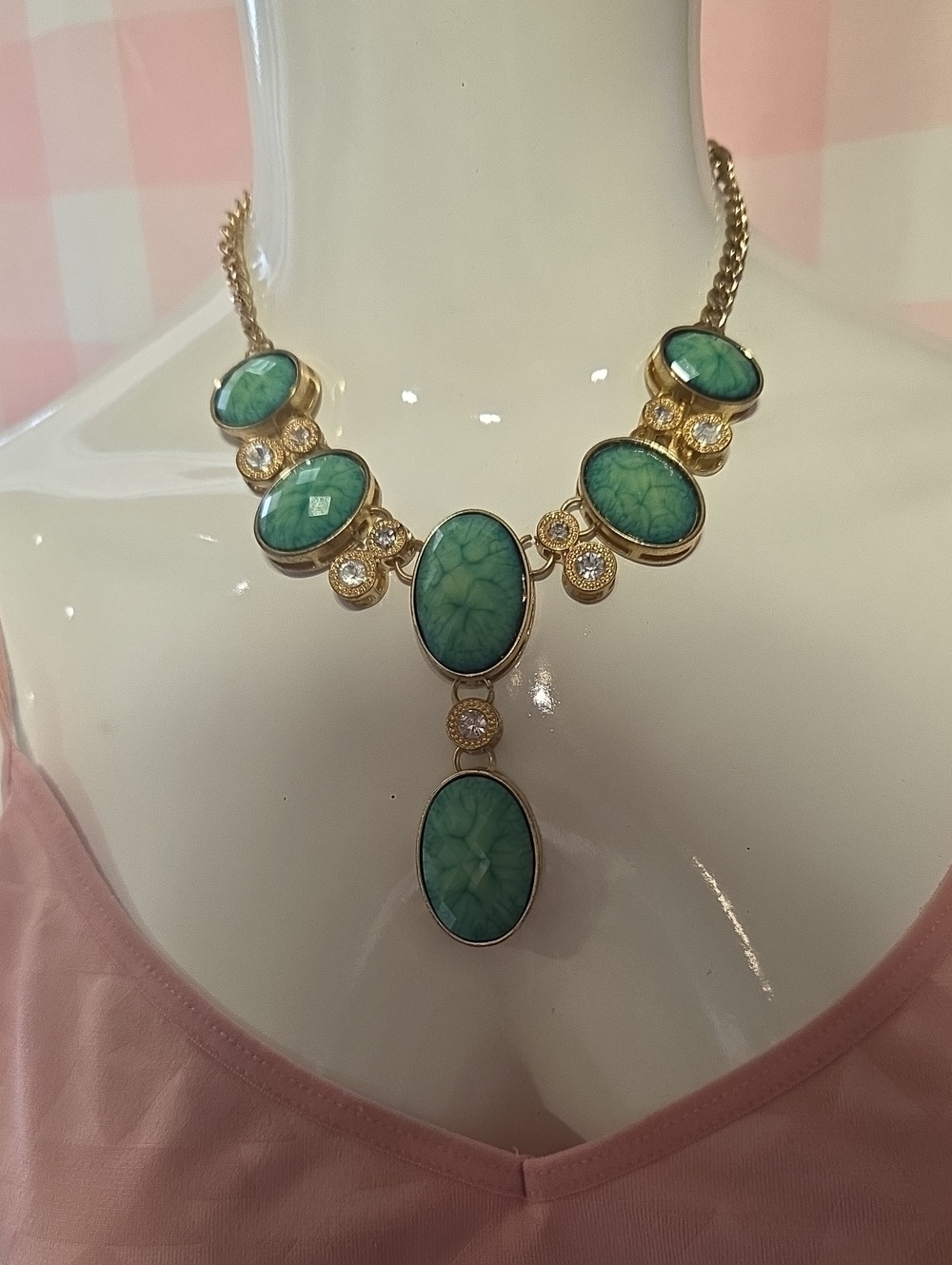 Gold-Tone Green Stone Statement Necklace - Women Jewelry